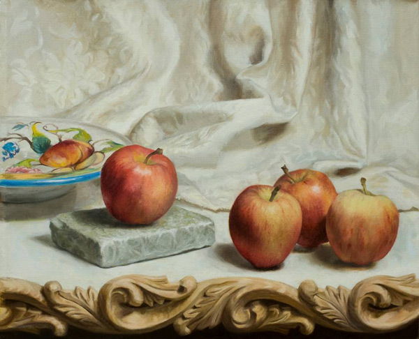 A beautifully accomplished painting by the classical realist artist Marilyn Bailey, marilynbailey.com featuring a hand carved acanthus leaf moulding PN813 supplied by Wild Goose Carvings